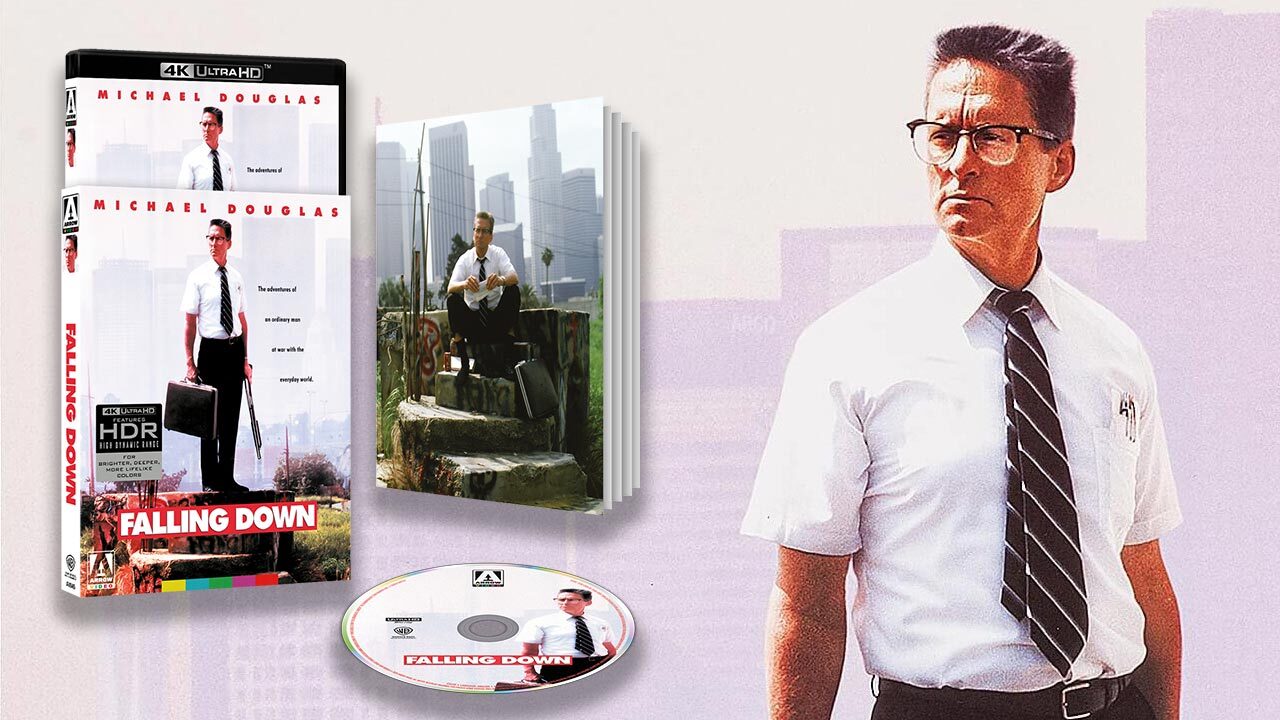 Falling Down 4K Blu-ray sürümü için Michael Douglas’ın William D-Fens Foster karakterini gösteren film görseli.