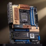 Asus'un 20. yılına özel olarak piyasaya sürdüğü, bakır renkli alüminyum soğutuculara sahip ROG Crosshair 2006 anakartının genel tasarımı.