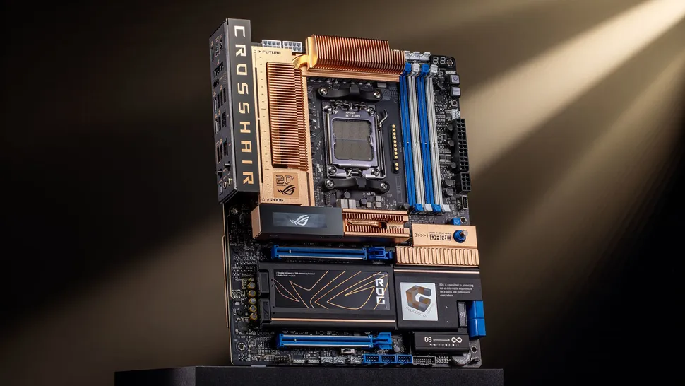 Asus'un 20. yılına özel olarak piyasaya sürdüğü, bakır renkli alüminyum soğutuculara sahip ROG Crosshair 2006 anakartının genel tasarımı.