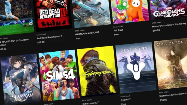 Epic Games Store ücretsiz oyunlar listesini ve haftalık bedava oyun kampanyalarını gösteren mağaza ekranı.