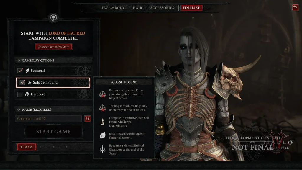 Diablo 4 SSF modu karakter yaratma ekranı ve seçenekleri