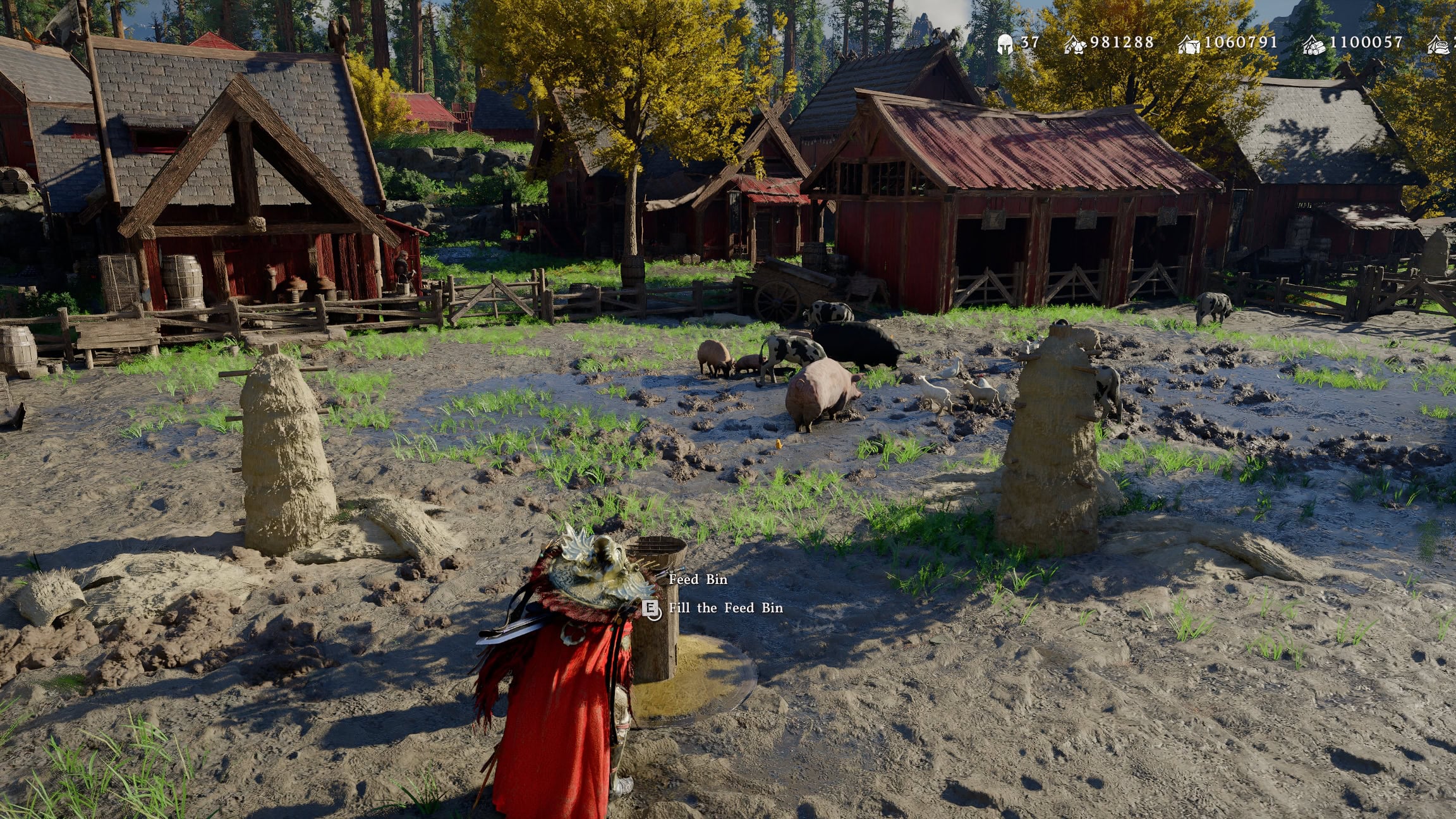 Crimson Desert Greymane Camp rehberi için çiftlik, yem kutusu ve kamp geliştirme sistemini gösteren oyun içi görsel.