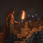 Diablo 4 Lord of Hatred genişlemesinde kırmızı sisler içinde Mephisto temalı şeytani karakter görseli.