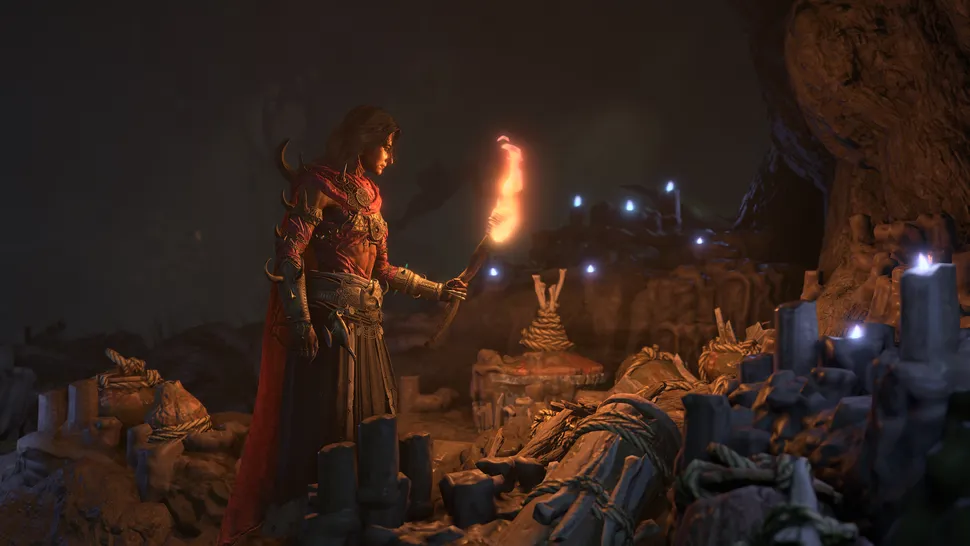 Diablo 4 Lord of Hatred genişlemesinde kırmızı sisler içinde Mephisto temalı şeytani karakter görseli.