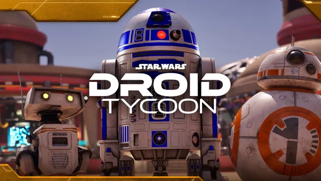 Fortnite Droid Tycoon rehberi için Star Wars temalı droid üretimi, upgrade ve Rebirth sistemini gösteren oyun görseli.