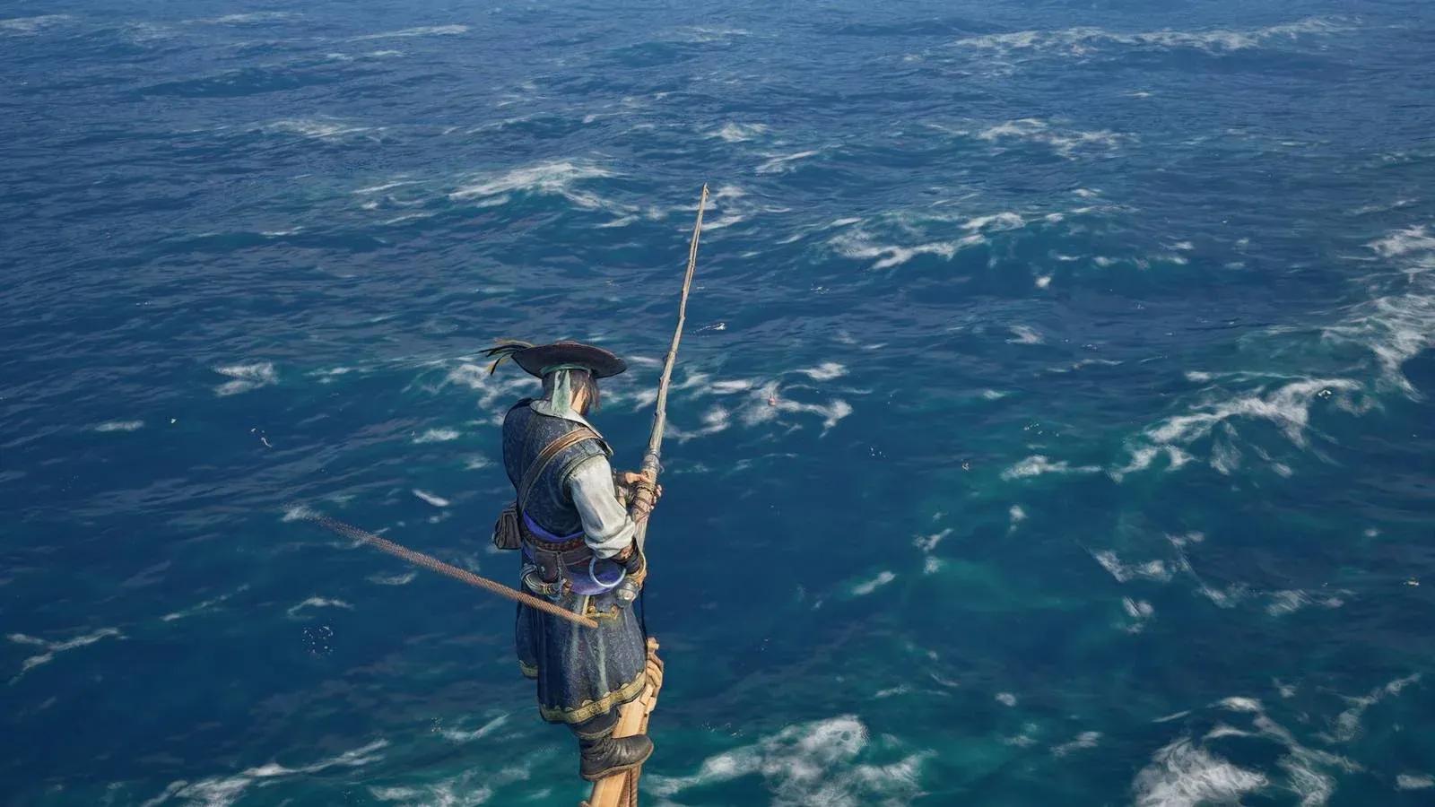 Windrose balıkçılık rehberi için Simple Fishing Rod yapımı, balık avlama ve Fisherman’s Ring ödülünü gösteren oyun içi sahne.